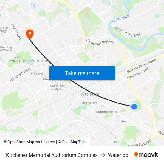 Kitchener Memorial Auditorium Complex to Waterloo map