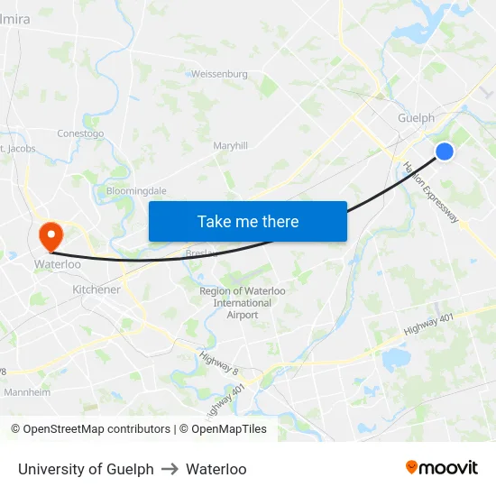 University of Guelph to Waterloo map