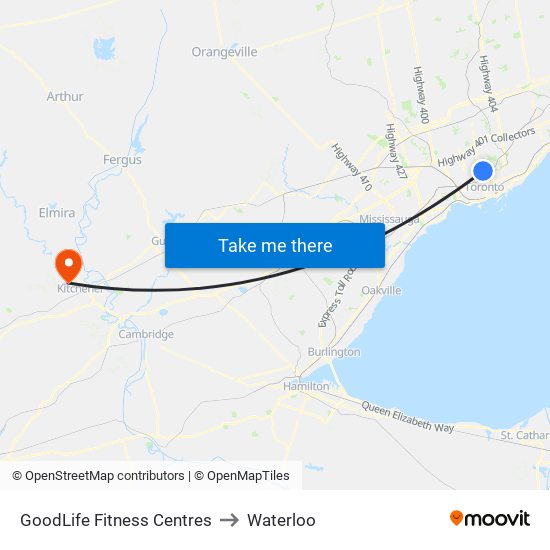 GoodLife Fitness Centres to Waterloo map