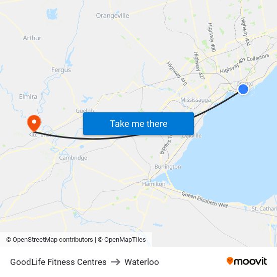 GoodLife Fitness Centres to Waterloo map