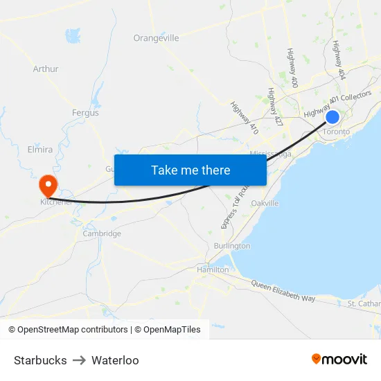 Starbucks to Waterloo map