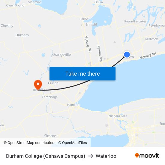 Durham College (Oshawa Campus) to Waterloo map