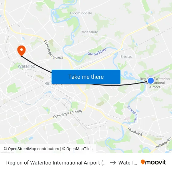 Region of Waterloo International Airport (YKF) to Waterloo map