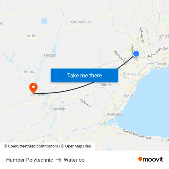 Humber Polytechnic to Waterloo map