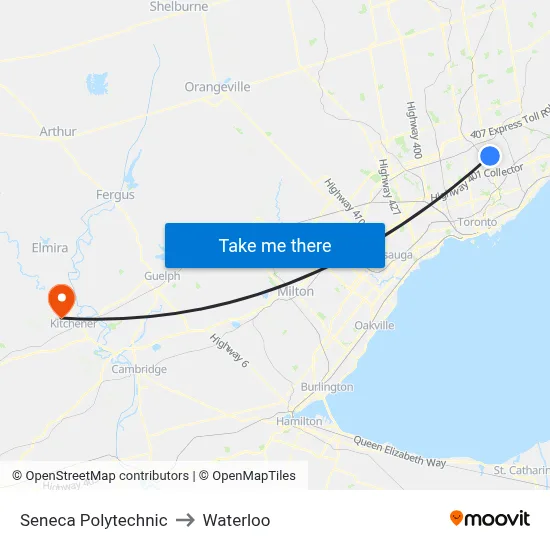Seneca Polytechnic to Waterloo map