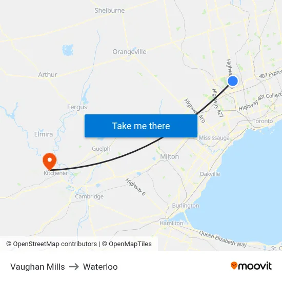 Vaughan Mills to Waterloo map