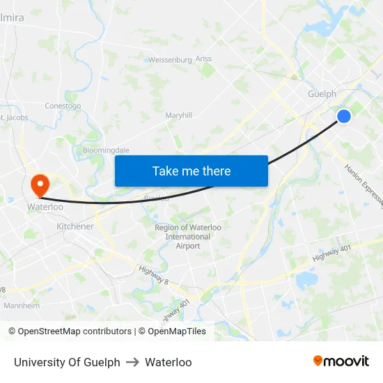 University Of Guelph to Waterloo map