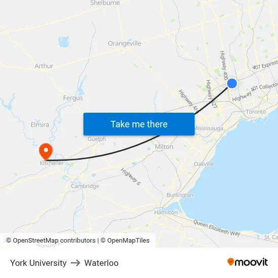 York University to Waterloo map