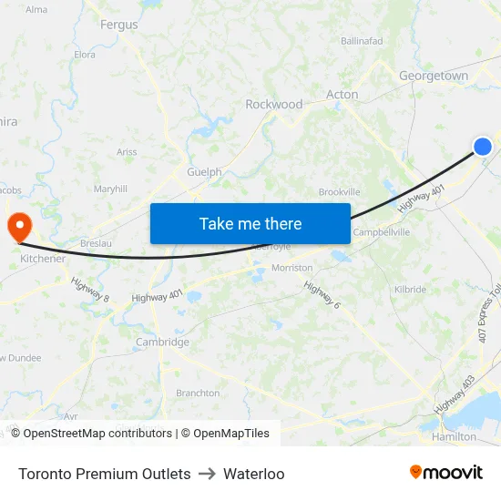 Toronto Premium Outlets to Waterloo map