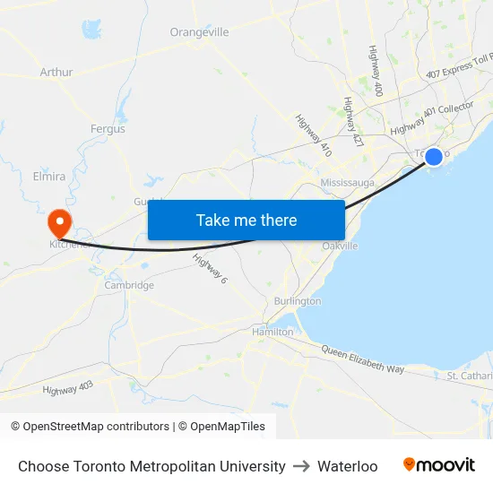 Choose Toronto Metropolitan University to Waterloo map