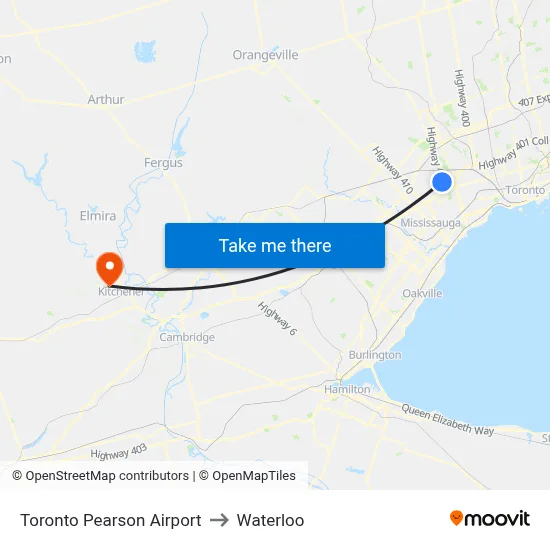 Toronto Pearson Airport to Waterloo map
