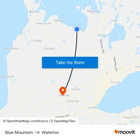 Blue Mountain to Waterloo map