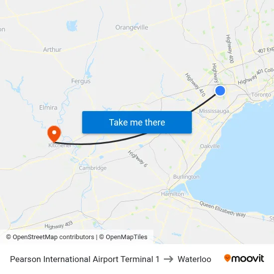 Pearson International Airport Terminal 1 to Waterloo map