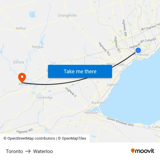 Toronto to Waterloo map
