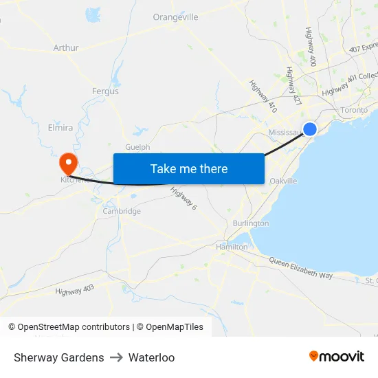 Sherway Gardens to Waterloo map