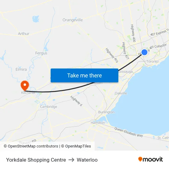 Yorkdale Shopping Centre to Waterloo map