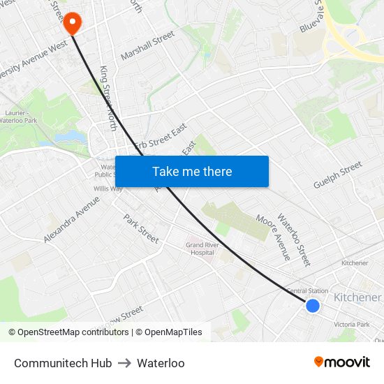 Communitech Hub to Waterloo map