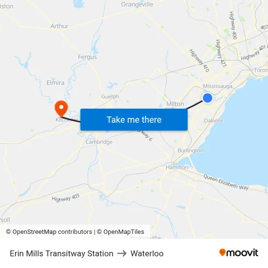 Erin Mills Transitway Station to Waterloo map