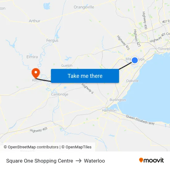 Square One Shopping Centre to Waterloo map