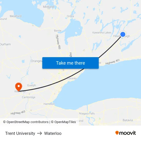 Trent University to Waterloo map