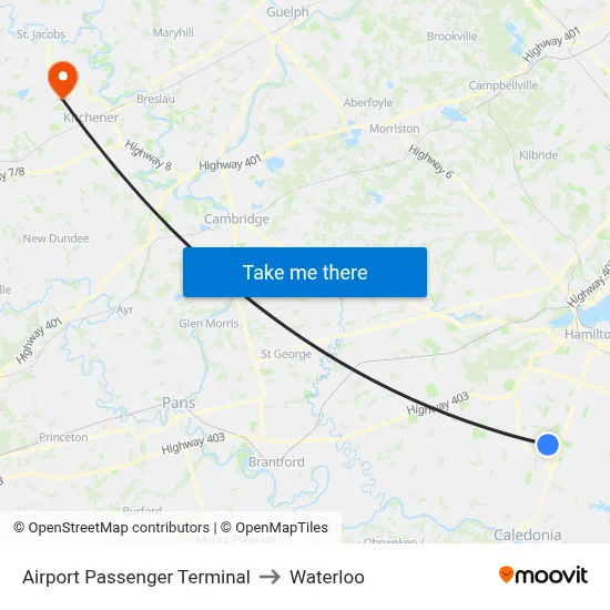 Airport Passenger Terminal to Waterloo map