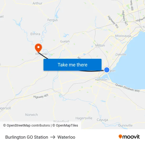 Burlington GO Station to Waterloo map
