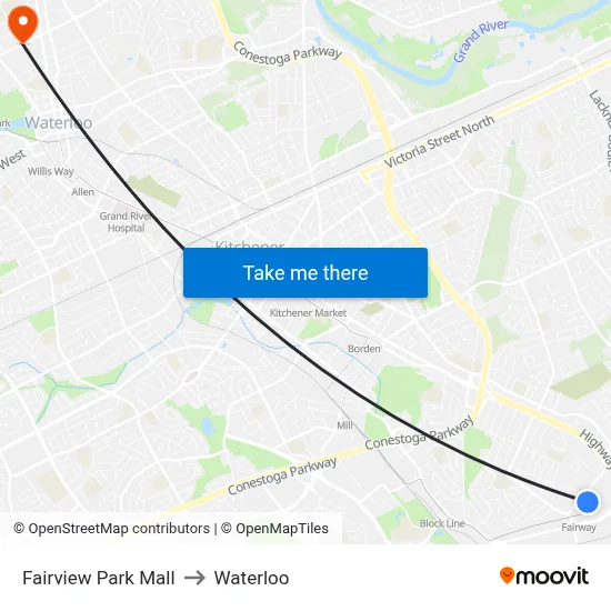 Fairview Park Mall to Waterloo map