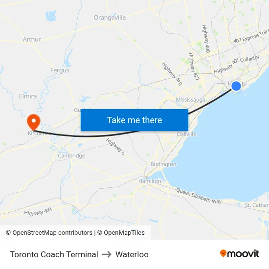 Toronto Coach Terminal to Waterloo map