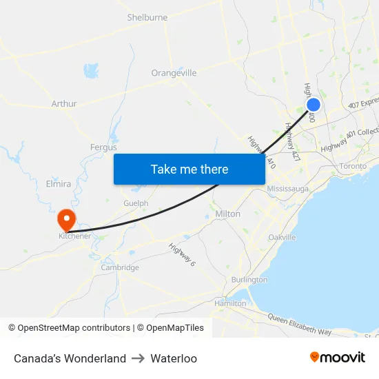 Canada’s Wonderland to Waterloo map