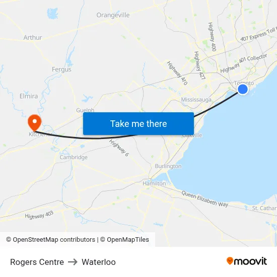 Rogers Centre to Waterloo map