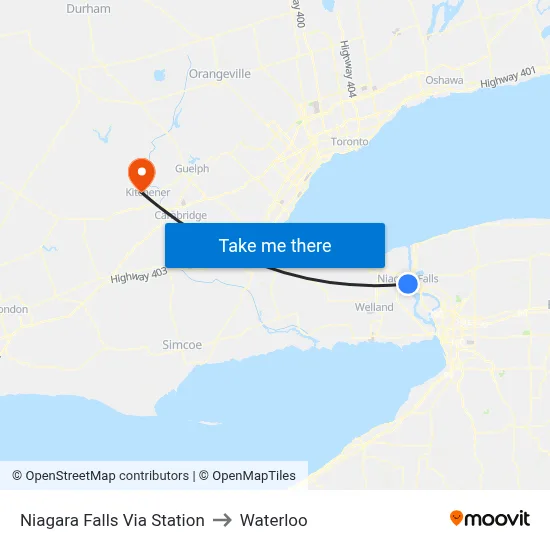 Niagara Falls Via Station to Waterloo map
