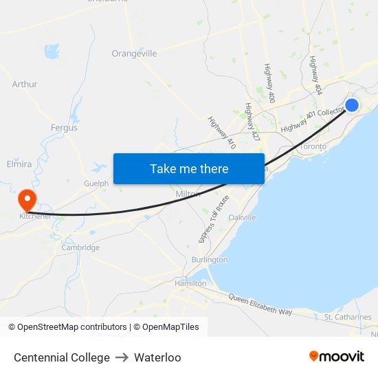 Centennial College to Waterloo map