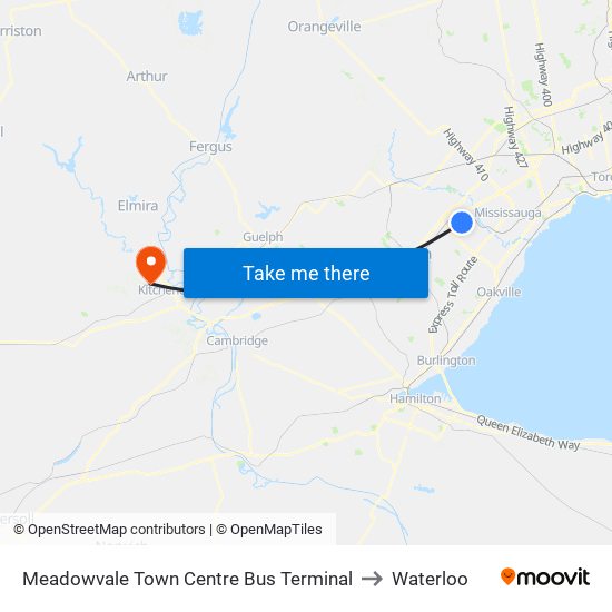 Meadowvale Town Centre Bus Terminal to Waterloo map
