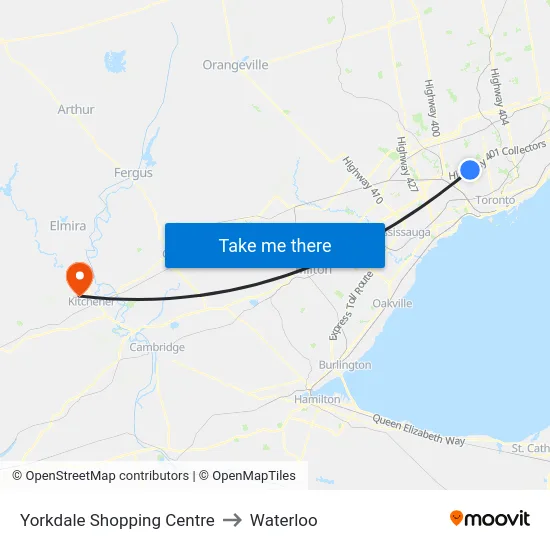Yorkdale Shopping Centre to Waterloo map