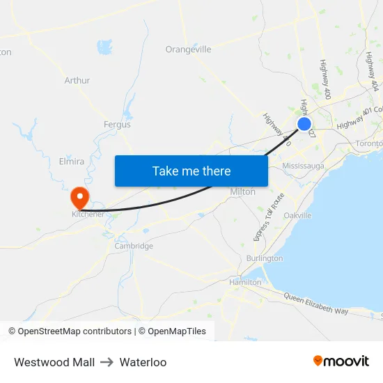 Westwood Mall to Waterloo map