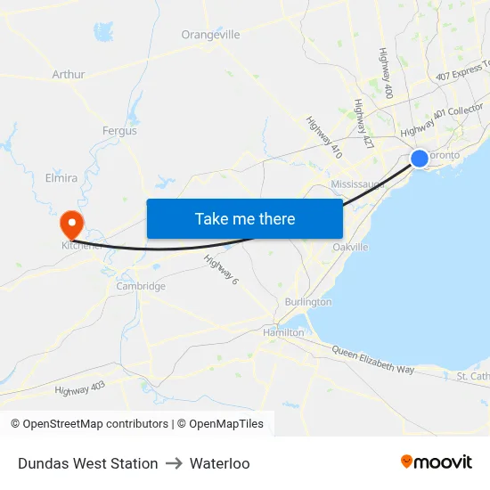 Dundas West Station to Waterloo map