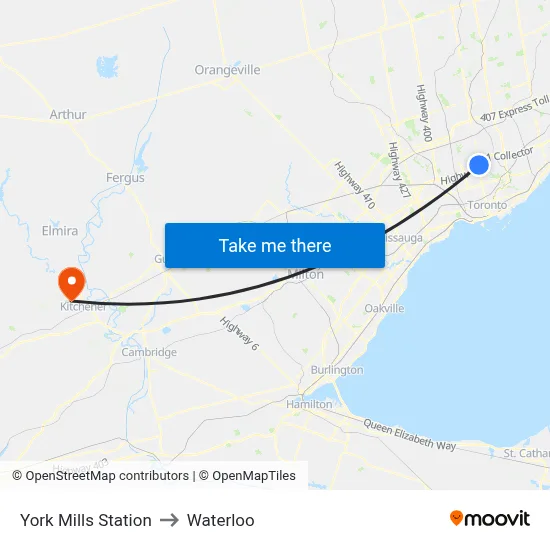 York Mills Station to Waterloo map