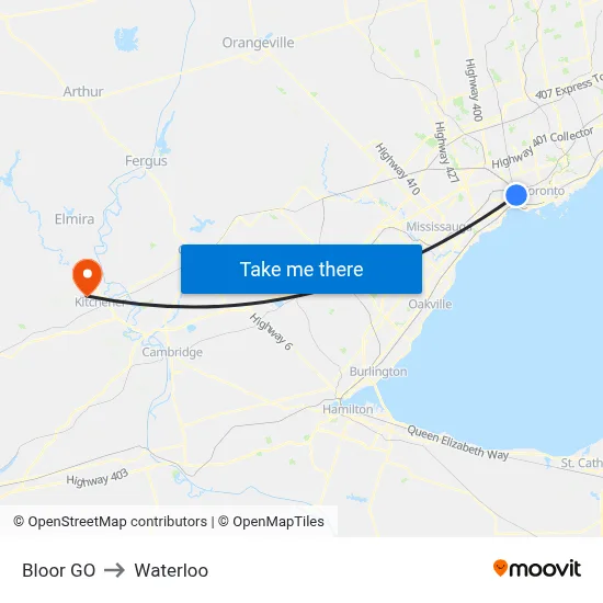 Bloor GO to Waterloo map