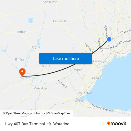 Hwy 407 Bus Terminal to Waterloo map