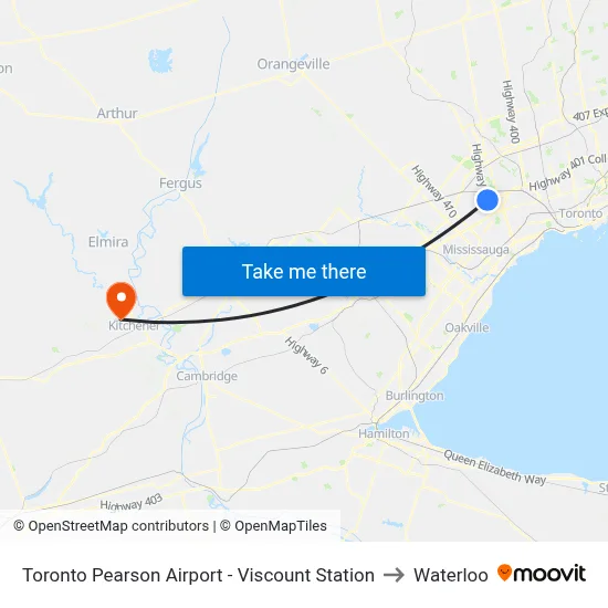 Toronto Pearson Airport - Viscount Station to Waterloo map