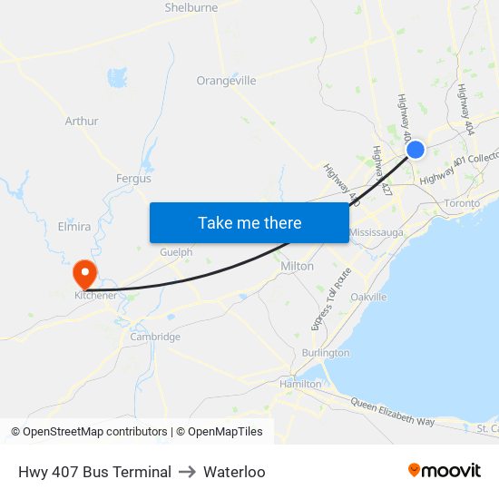 Hwy 407 Bus Terminal to Waterloo map