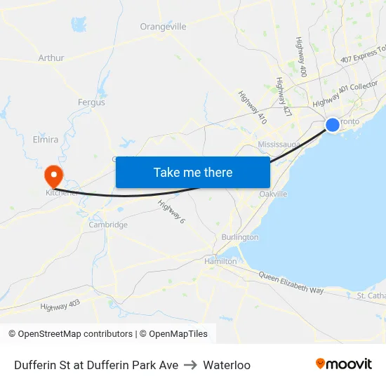 Dufferin St at Dufferin Park Ave to Waterloo map