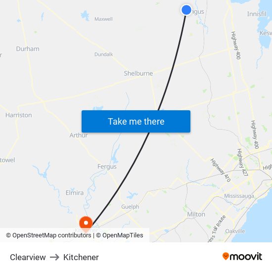 Clearview to Kitchener map