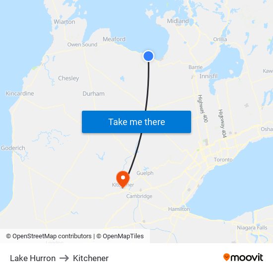 Lake Hurron to Kitchener map