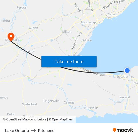 Lake Ontario to Kitchener map