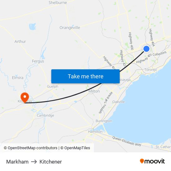 Markham to Kitchener map