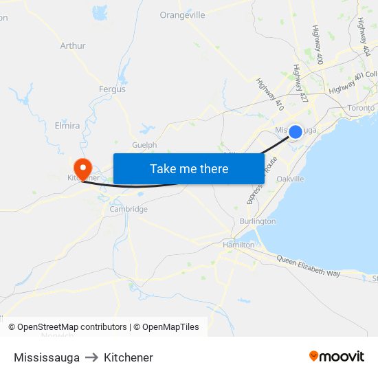 Mississauga to Kitchener map