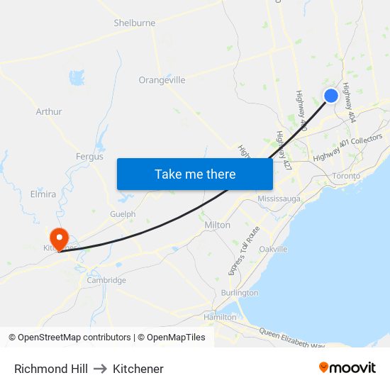 Richmond Hill to Kitchener map