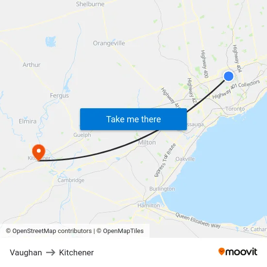 Vaughan to Kitchener map