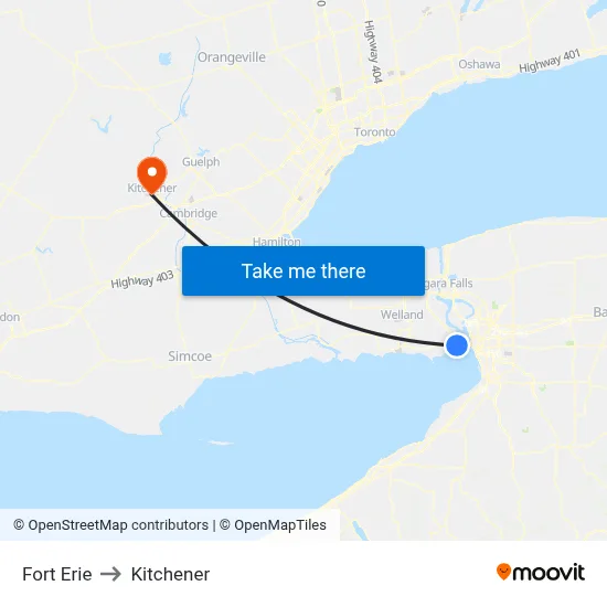 Fort Erie to Kitchener map